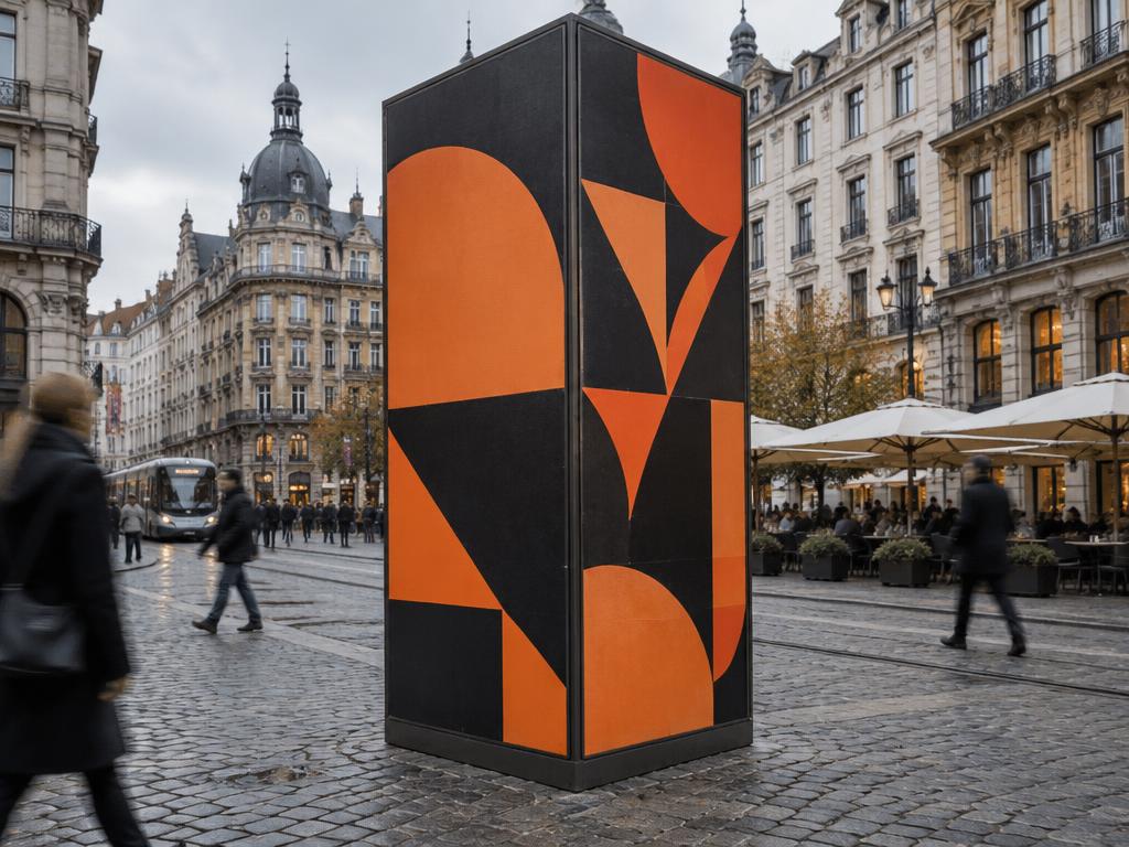 Reklamní kostka 1,5 × 1,5 × 3 m s potiskem na městském náměstí